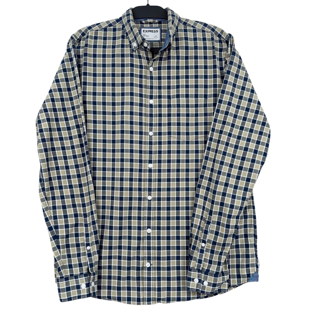 Express Slim Soft Wash Men Large Tall 100% Cotton Navy Tan Check Button Down